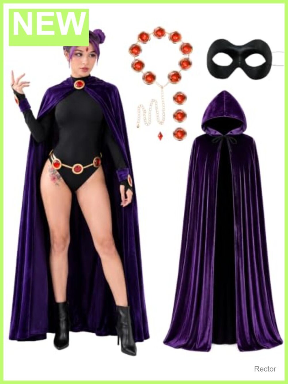 Velvet Hooded Cape Cloak with Gemstone Belt and Eye Mask